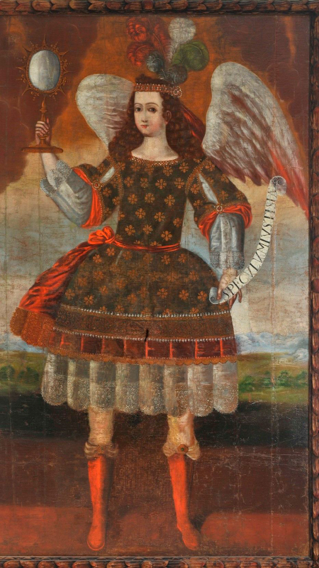Angel Trono pintor de la region del lago Titicaca no identificado. Siglo XVIII primer tercio Oleo sobre tela brocateado con pan de oro 