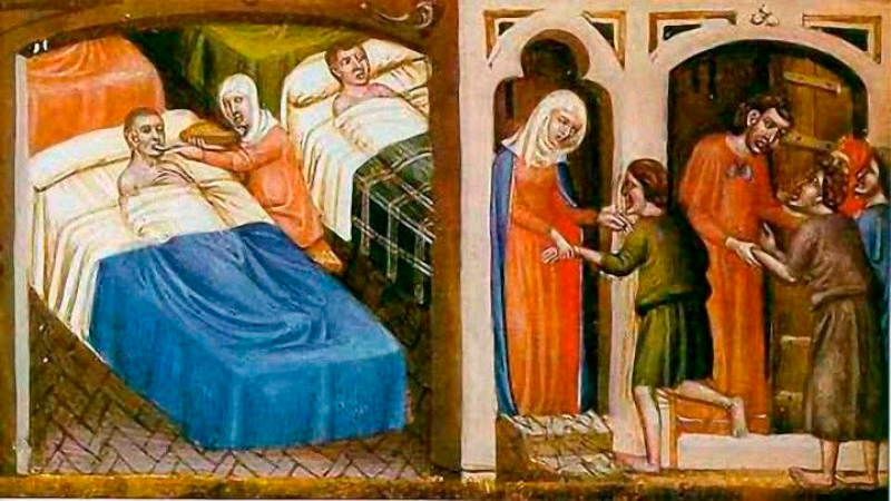 Ilustracion de un manuscrito del siglo XIII en el cual se representa el papel de la mujer como cuidadora en un hospital 