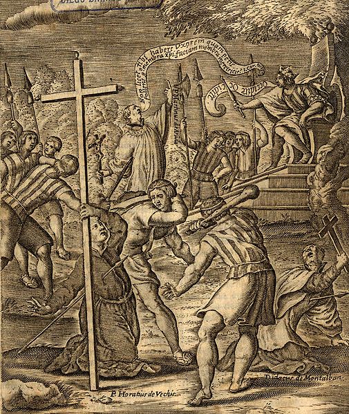 Martires de Elicura. Sacerdotes jesuitas siendo asesinados por guerreros mapuches en 1612 Alonso de Ovalle