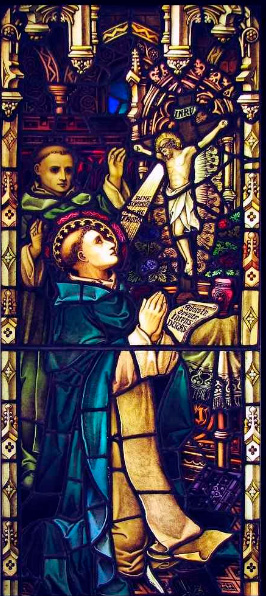 Stained glass of St Thomas Aquinas in the Rosary Convent in Bushey near London