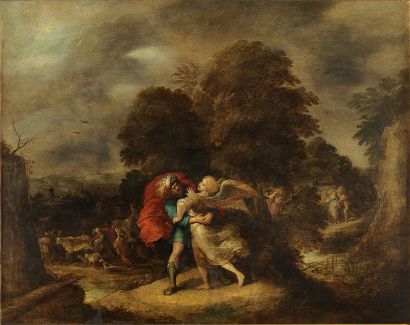 Lucha de Jacob con el angel por Frans Francken II siglos XVI XVII